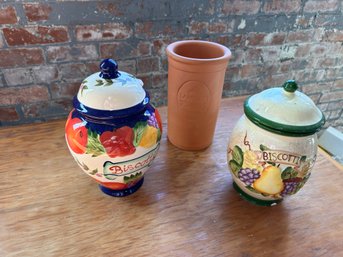 2 Handpainted For Nonnis Biscotti Jars And Lancers Terra Cotta Wine Cooler
