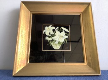 Art Signed Framed Floral Painting On Glass