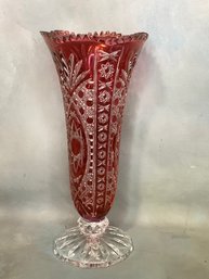 Huge Red Cut To Clear Crystal Vase #2