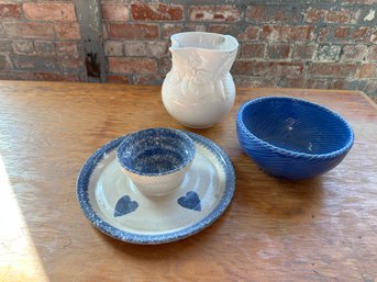 3 Pc. Blue And White  - Chip & Dip One Piece, Blue Bowl, White Pitcher