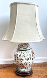 Vintage Ceramic Hand Painted Asian Ginger Jar Table Lamp On Wood Base With Canvas Shade