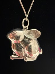 VINTAGE PUFFY BUNNY RABBIT STERLING 925 CHARM AND NECKLACE