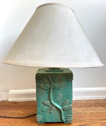 Vintage Ceramic Relief Carved Floral Table Lamp With Canvas Shade