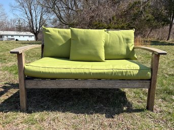 Teak Patio Bench With Green Pillows