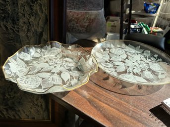 Two Pieces Vintage Etched German CrystalEdged In 22kt. Gold. Pattern Is Roses