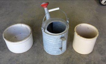 Two Old Crocks And A Copper Spout Galvanized Watering Can