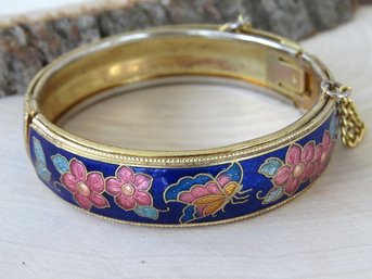 Vintage Cobalt Floral Cloisonne Hinged Bangle Bracelet