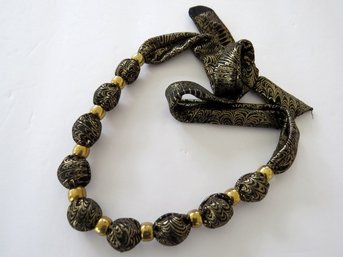Elegant Silk Tie Gold  Bead Necklace