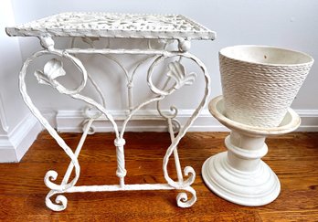 Vintage Wrought Iron Small Bench, Pedestal Stand & Vintage Este Ceramiche Italian Planter Pot