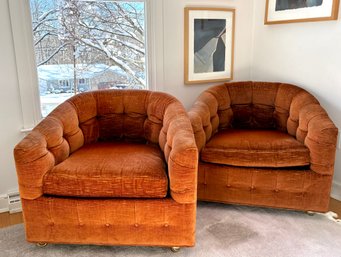 A Pair Of MCM Tufted Barrel Back Club Chairs In 'Lucky Brown' Corduroy