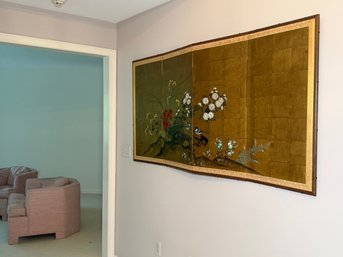A Vintage Japanese Byobu Hand Painted Four Panel Folding Screen