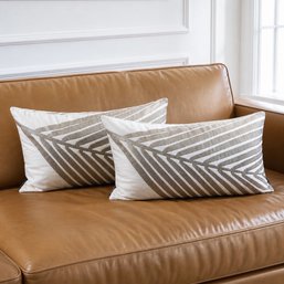 Pair Of Blissliving Home Ivory & Taupe Grey Embroidered Geometric Lumbar Pillows