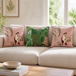 Set Of Three Yves Delorme Woven & Embroidered Tropical Bird And Botanical Decorative Pillows