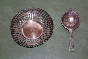 Sterling Silver Tea Strainer & 1909 Monogrammed Dish - 89 Grams