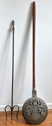 Antique Bed Warmer On Wood Handle & Vintage Wrought Iron Fireplace Trident