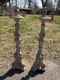 Pair Of Antique Ornately Carved Altar Candlesticks