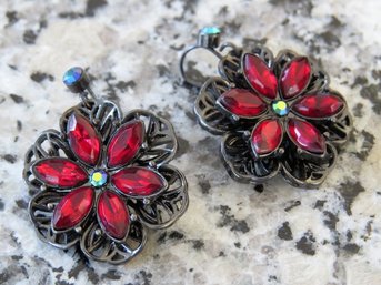 Red Rhinestone Floral French Wire Earrings