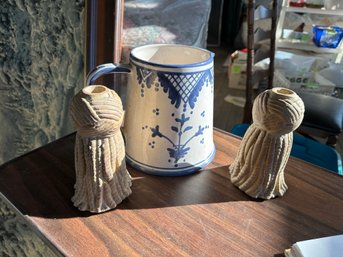 Large Blue & White Pitcher 7' Tall And Pair Vintage Verandah Candle Holders