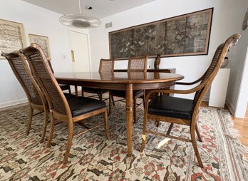 Mid Century Fruitwood Dining Table & Six Cane Back Chairs By Hickory