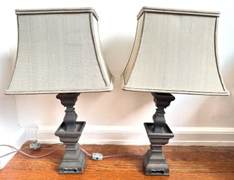 Pair Vintage Pewter Lamps Wth Silk Shades