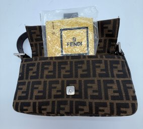 FENDI FF Zucca Brown Baguette Canvas Leather Flap Shoulder Bag Purse