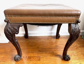 Antique Small Chippendale Bench With Carved Wood Legs, Leather Seat & Brass Tacks