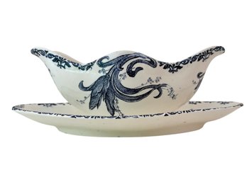 Late 19th Century French Terre De Fer Blue Transferware Sauce Boat & Underplate