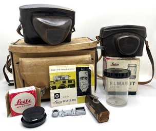 The Sportmans Leather Camera Bag, 2 Vintage Leica Cases, Leica Light Meter In Original Box & Box For Leica Len
