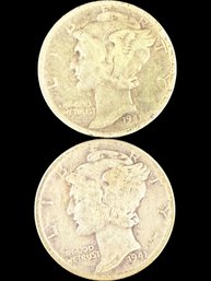 Lot Of 2 Mercury Silver Dimes 1941, 1941-S