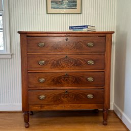 Antique Sheraton Period Four Drawer Book Match Flame Mahogany Chest Of Drawers