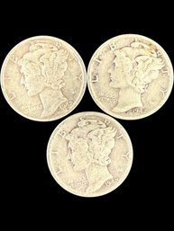 Lot Of 3 Mercury Silver Dimes 1942, 1942-D, 1942-S
