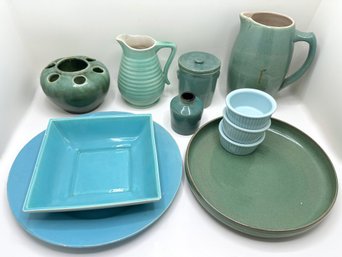 11 Pieces Mixed Ceramics: Pitchers, Catchall, Platters, Planter, Mini Covered Garbage Can, Ramekins & More