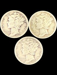 Lot Of 3 Mercury Silver Dimes 1944, 1944-D, 1944-S