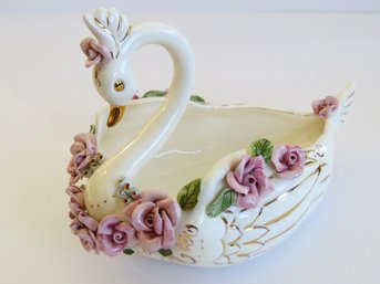 Wildwood Pasadena Ceramics Trumpeter Swan Applied Flowers Candy Dish