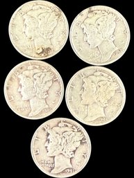 Lot Of 5 Mercury Silver Dimes 1941, 1942, 1943, 1944, 1945