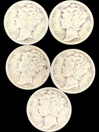 Lot Of 5 Mercury Silver Dimes Miscellaneous Dates