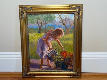 Nora Sallows 'Watering Flowers' Signed Original Oil On Linen Canvas Painting With COA