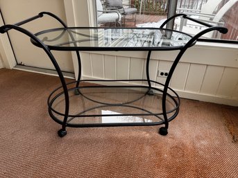 Very Nice Rolling Outdoor Bar Cart With Glass Shelves And Black Metal Trim