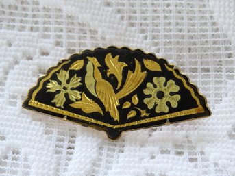 Vintage Damascene Black And Gold Bird Motif Fan Brooch