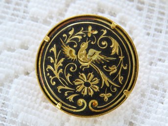 Vintage Round Damascene Bird Vine Design Brooch