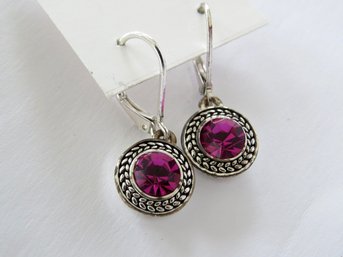 Napier Fuchsia Pink Round Rhinestone Lever Back Dangle Earrings