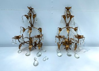 Pair Of Mid Century Hollywood Regency Florentine Prism Adorned Gilt Wall Sconces