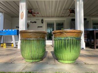 Pair Of Large Green, Blue And Brown Ombre Planters