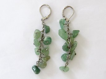 Green Stone Silver Tone Lever Back Dangle Earrings