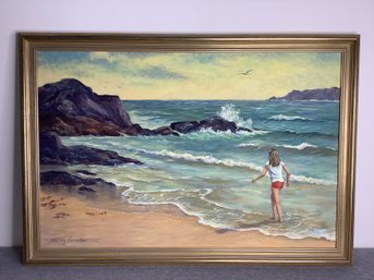 Oil Painting Of Rocky Coastal Seascape W/ Girl On Beach By Shirley Fernekes Signed