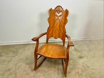 Antique Victorian Flame Birch Rocker With Rococo Revival Carving