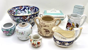 9 Pieces Mixed Porcelain & Ceramic Bowls, Creamers & Vases, Vintage & Modern