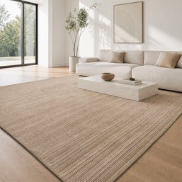 Contemporary Machine-Made Textured Striated Area Rug In Warm Neutral Tones, 9' X 10'