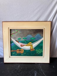 Scenic Painting Of Person Sleeping On Hammock With Guitar Signed By Joubert