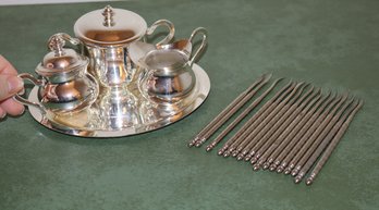 Italian Silver-Plated Mini Tea Set & 17 Seafood Picks